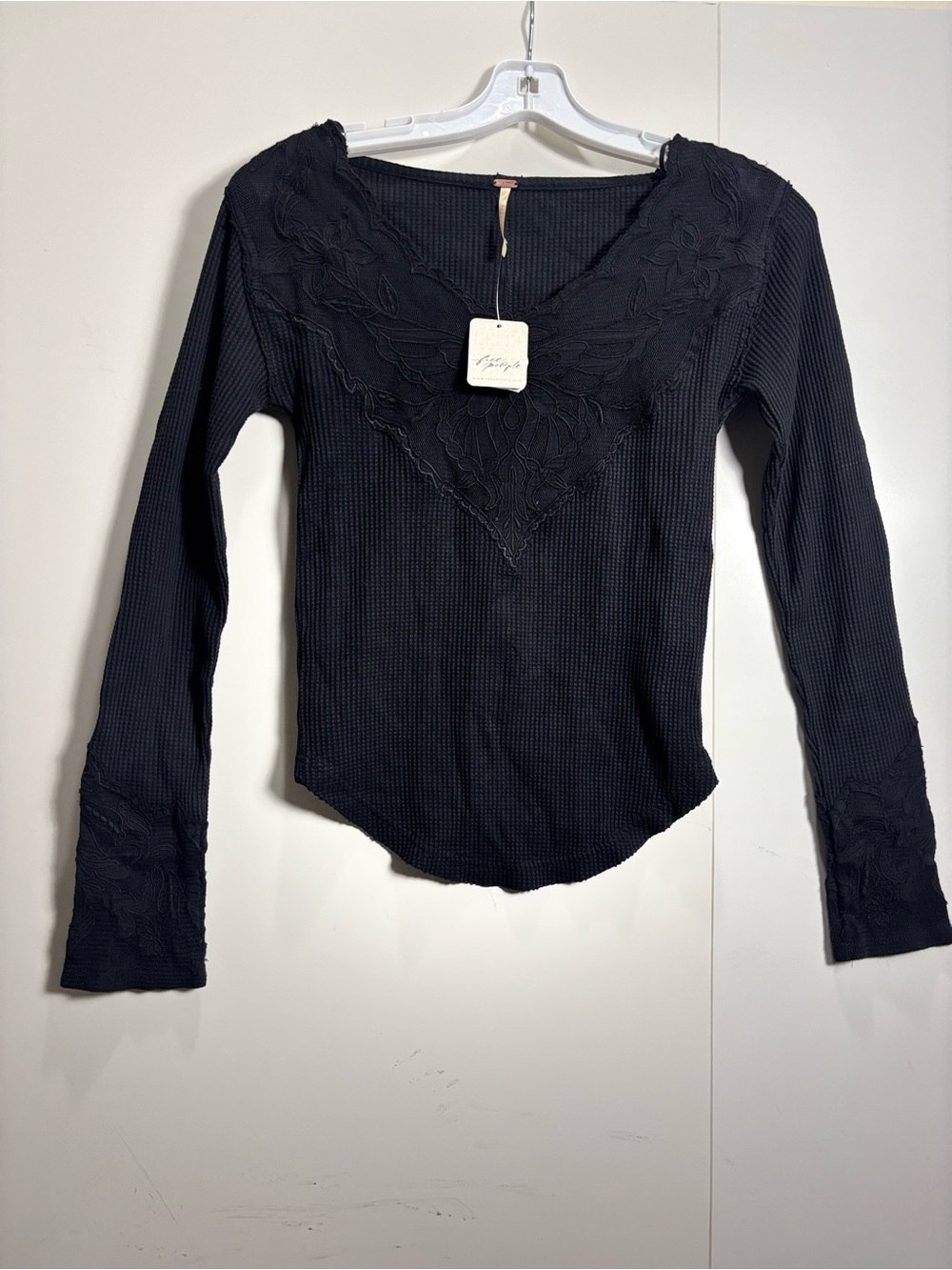 Free People Black Long-Sleeve V-Neck Lace Detail Top